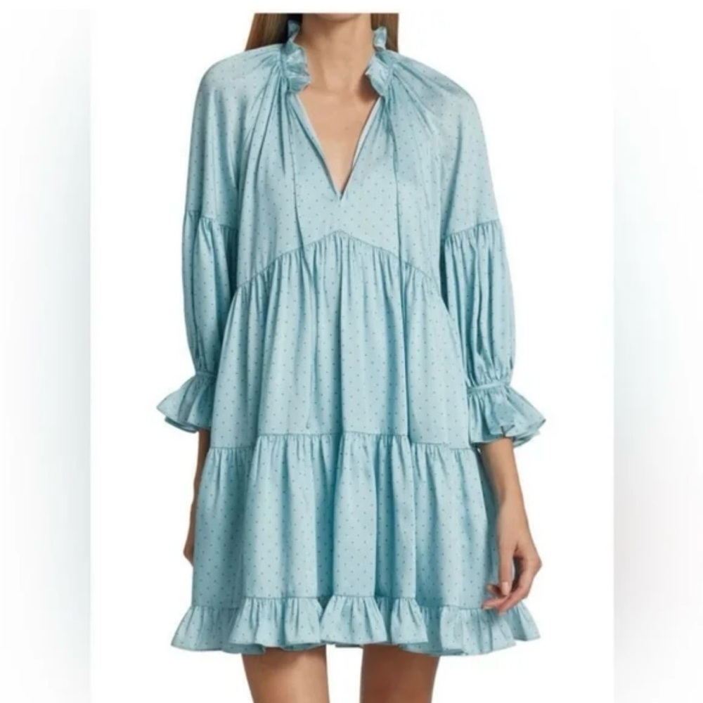 Cinq a Sept Phyllis mini ruffle tiered puff sleeve silky pin dot dress size 2